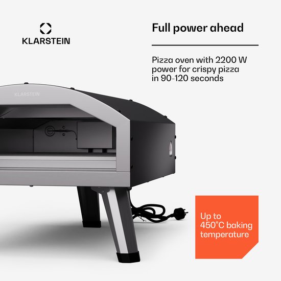 Klarstein LaFiamma Pizzaoven Elektrisch 450 graden - 2000 W, Dubbele verwarmingselementen, Inclusief pizzasteen, Roestvrij staal, Snelle opwarmtijd, Buitenopstelling, Tot 450 °C, Compact — afbeelding 4
