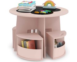 COSTWAY kindertafel en Stoelset Ronde, 5-delige houten kinderzitgroep met 4 opbergkrukjes & krijtbord tafelblad, kleurtafel voor kinderkamer, zitgroep voor kinderen vanaf 3 jaar (roze)