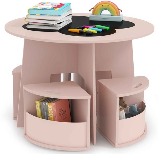 COSTWAY kindertafel en Stoelset Ronde, 5-delige houten kinderzitgroep met 4 opbergkrukjes & krijtbord tafelblad, kleurtafel voor kinderkamer, zitgroep voor kinderen vanaf 3 jaar (roze)