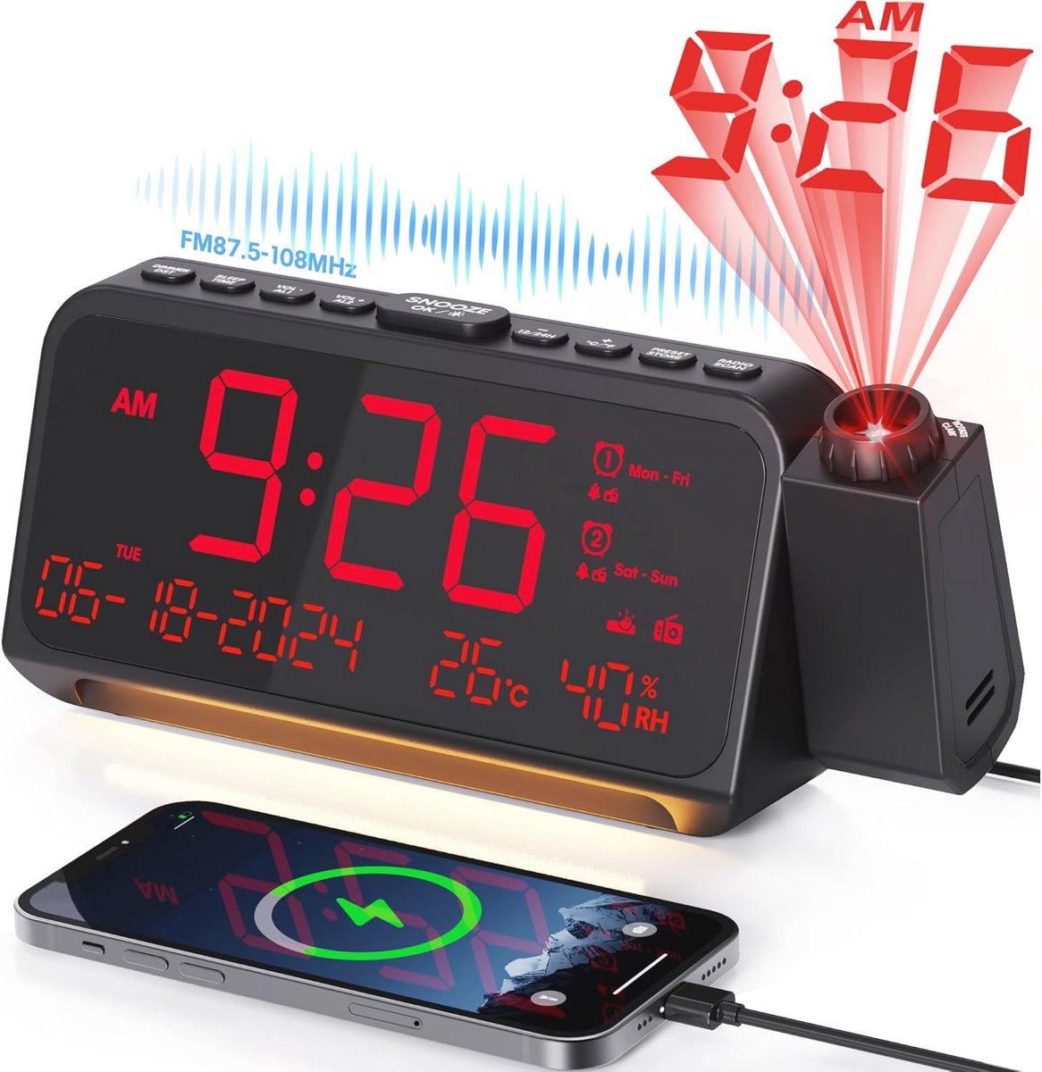 Digitale projectiewekker met FM-radio, dubbel alarm en temperatuurmonitor