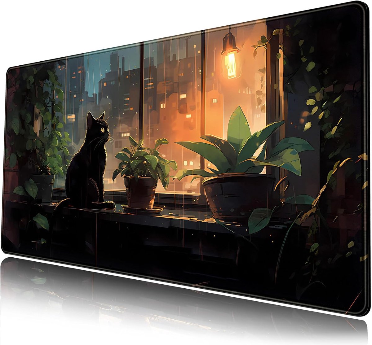 Anime-stijl Gaming Muismat met Zwarte Kat en Groene Planten - XL Bureauonderlegger 80 x 40 cm