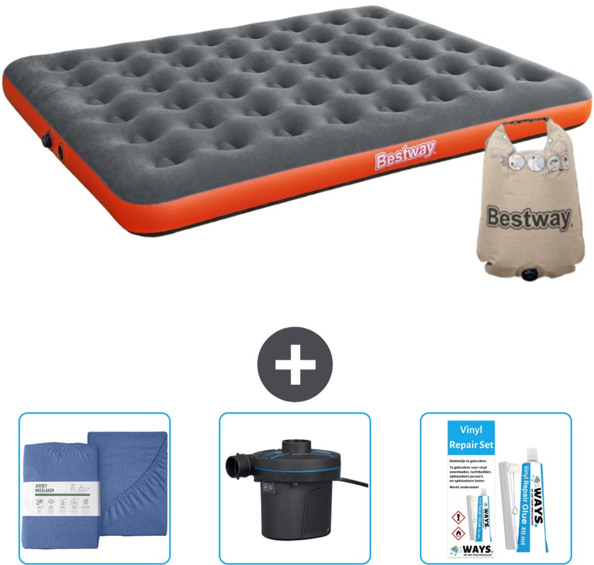 Bestway luchtbed - 2-Persoons - 152 x 203 x 22 cm - Grijs/Oranje - Inclusief Hoeslaken - Pomp en Reparatieset