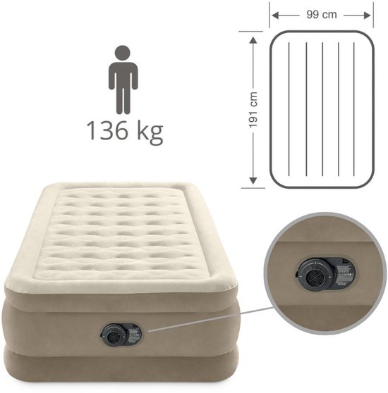 Intex Luchtbed - 1-Persoons - 99 x 191 x 46 cm - Beige - Inclusief pomp en Hoeslaken van Intex — afbeelding 4