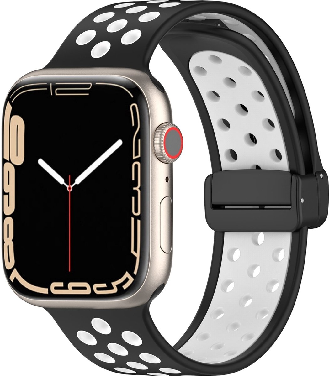 Mobigear Siliconen Watch bandje geschikt voor Apple Watch Bandje Magneetsluiting | Mobigear Sport Plus Mag - 42/41/40/38 mm - Wit / Charcoal