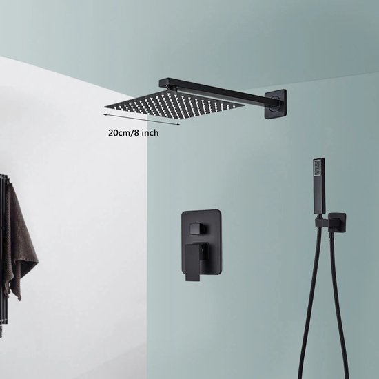 Douchekraan - Douchepaneel - Douche - Regendouches - Inbouw Douchekraan Systeem – 2-Weg Regendouche Set met 8 inch Douchekop & Thermostatische Mengkraan | Wandgemonteerd SUS304 - Zwart