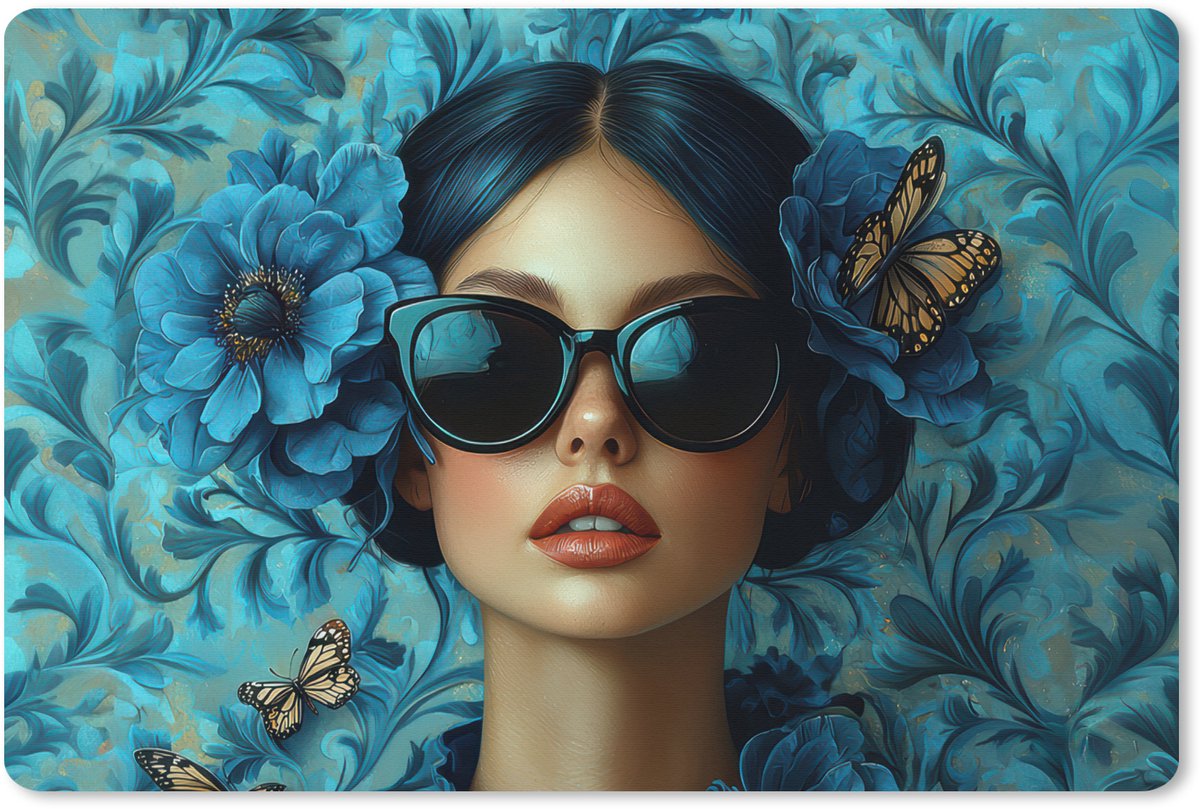 Muismat XXL 120x80 cm - Bureau onderlegger - Bureau mat Vrouw - Bloemen - Vlinders - Blauw - Abstract - Bureaumat - Gaming mousepad xl - Bureaulegger groot - Computer deskmat