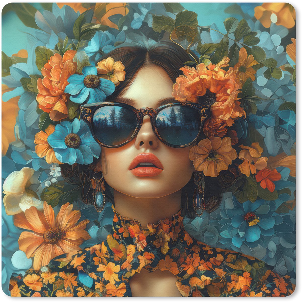 Muismat 30x30 cm - Mousepad Vrouw - Bloemen - Oranje - Blauw - Modern - Muismatten