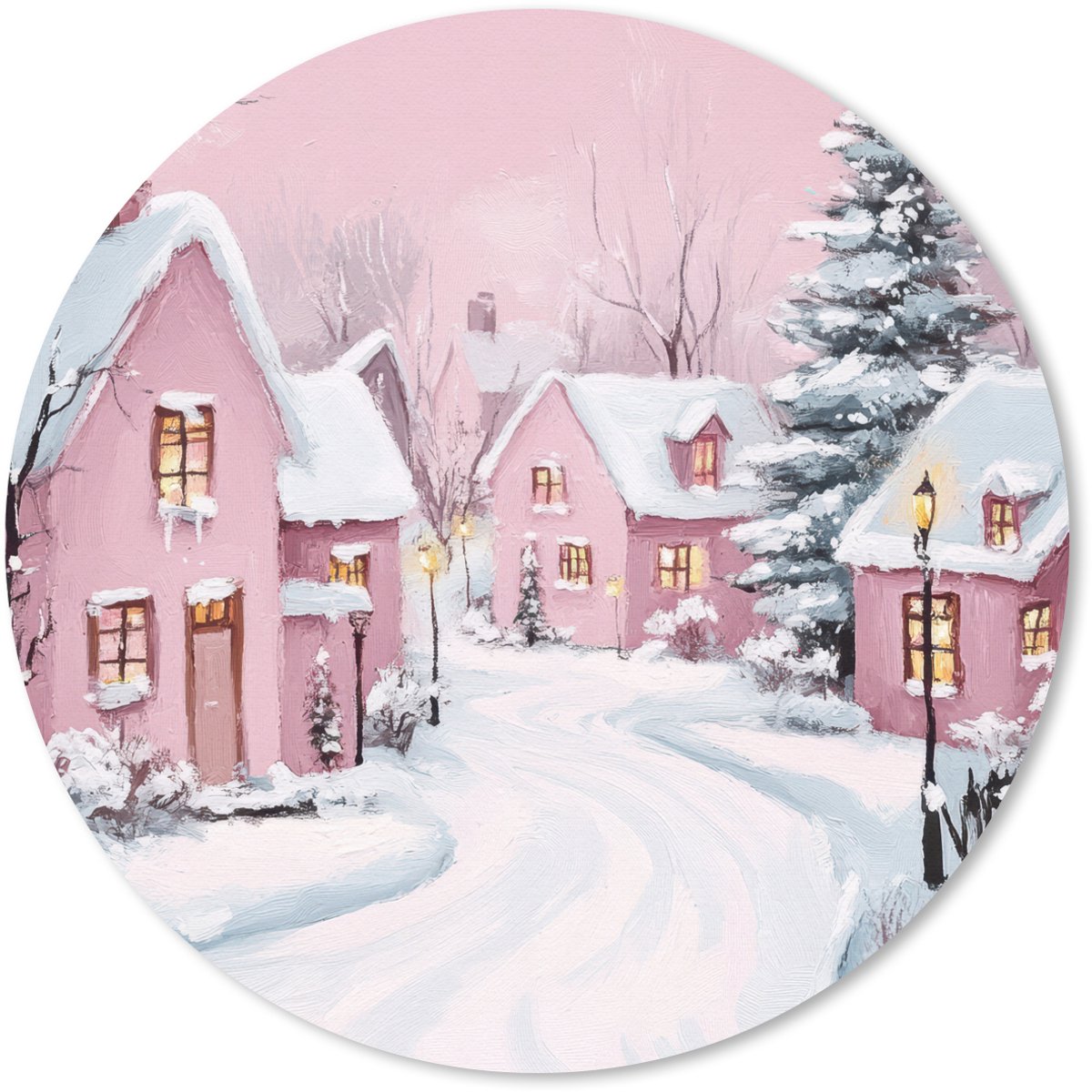 Muismat rond 20x20 cm - Mousepad Kerstdorp - Roze - Winter - Sneeuw - Huizen - Ronde muismatten