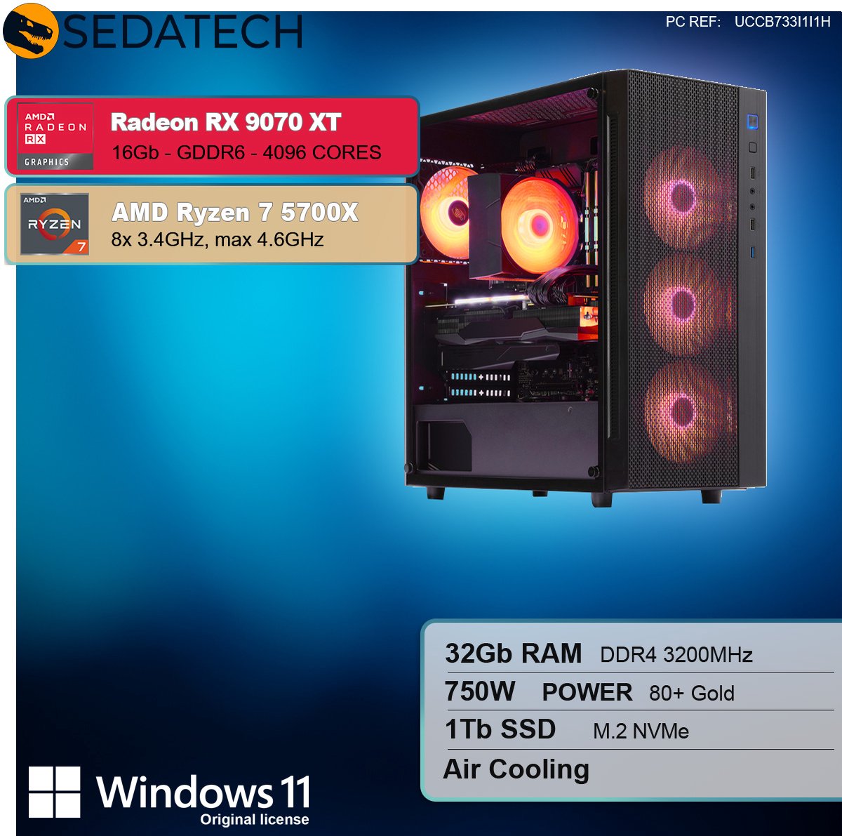 Sedatech Expert Gaming PC Compact • AMD Ryzen 7 5700X 8x 3.4GHz • Radeon RX 9070XT • 32Gb RAM • 1Tb SSD M.2 • WiFi • Windows 11 • Desktop computer thumbnail 3