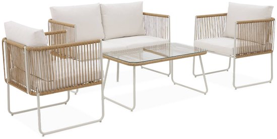 sweeek - Loungeset van touw en gegalvaniseerd staal, salontafel van gehard glas, 4 zitplaatsen