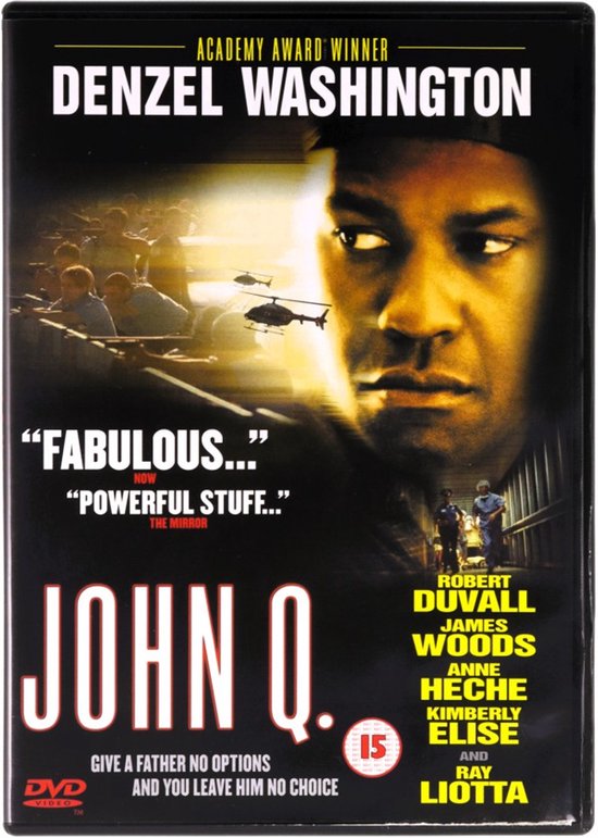 DVD-cover van John Q met Denzel Washington in close-up, helikopters en acteursnamen.