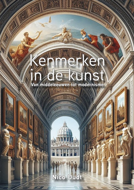 Boekomslag met kunstige illustratie van een museumgang met standbeelden en schilderijen. Tekst: Kenmerken in de kunst, Van middeleeuwen tot modernisme, Nico Oudu.
