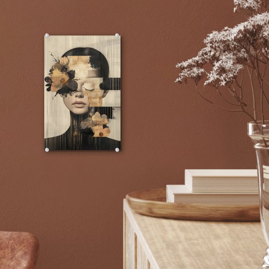 MuchoWow® Glasschilderij 20x30 cm - Schilderij acrylglas - Gezicht - Bloemen - Zwart - Vrouw - Foto op glas - Muurdecoratie woonkamer - Wanddecoratie slaapkamer - Schilderijen