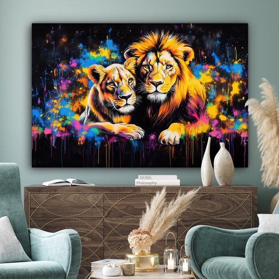 Tableau sur toile 180x120 cm - Décoration murale Lions - Tableau - Couleurs - Décoration murale salon - Décoration chambre - Accessoires chambre - Peintures sur toile