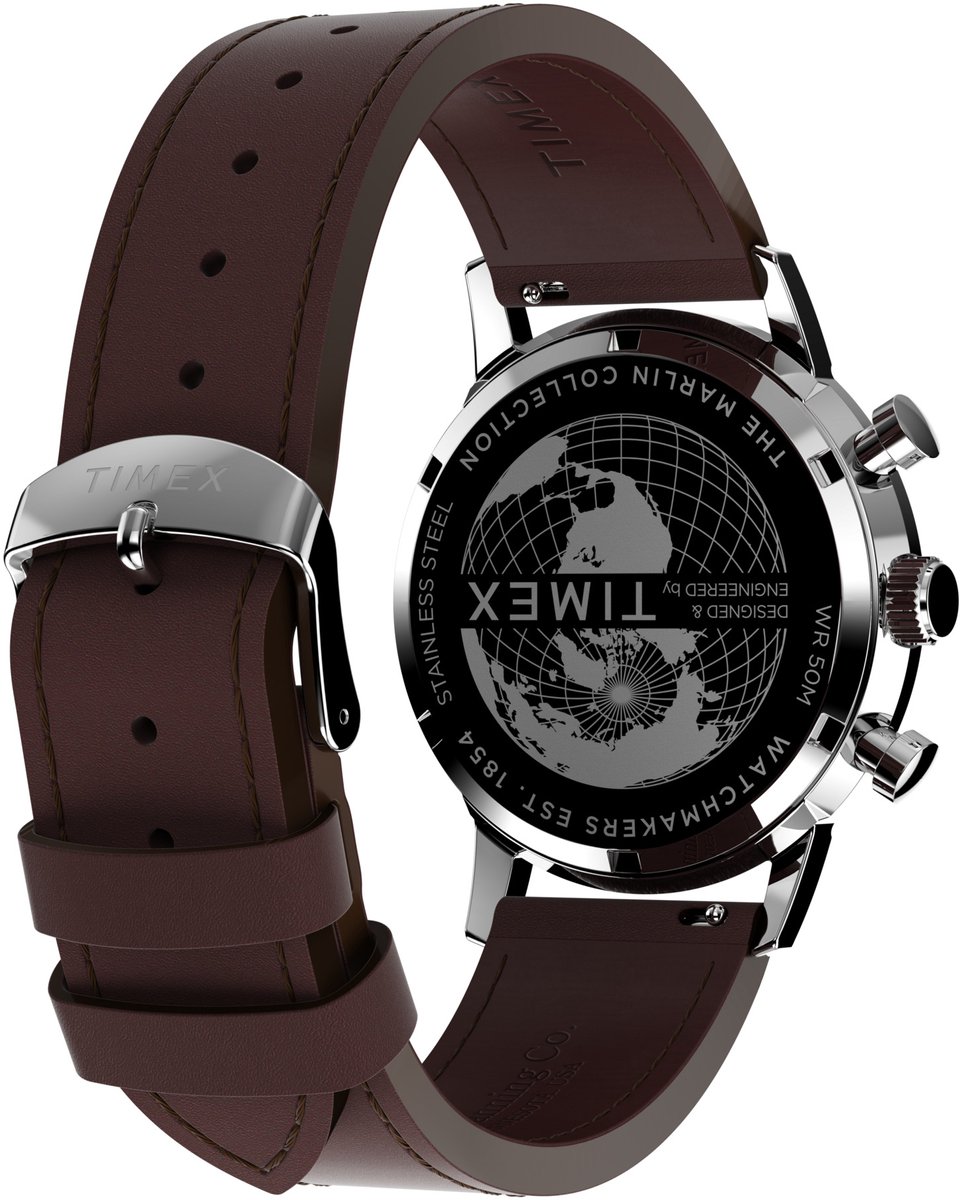 Timex Marlinâ® Quartz Chronograph Watch Blauw En Braun Case: 100% Roestvrij Staal | Armband: 100% Leer 40 TW2W10100AJ, TW2W10200AJ