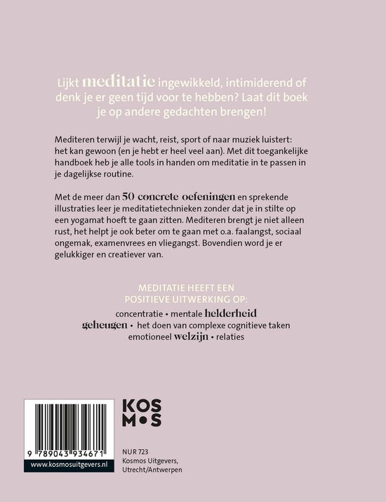 Boek met titel 'Meditatie voor het echte leven'. Achterkant met tekst over meditatie en een barcode.