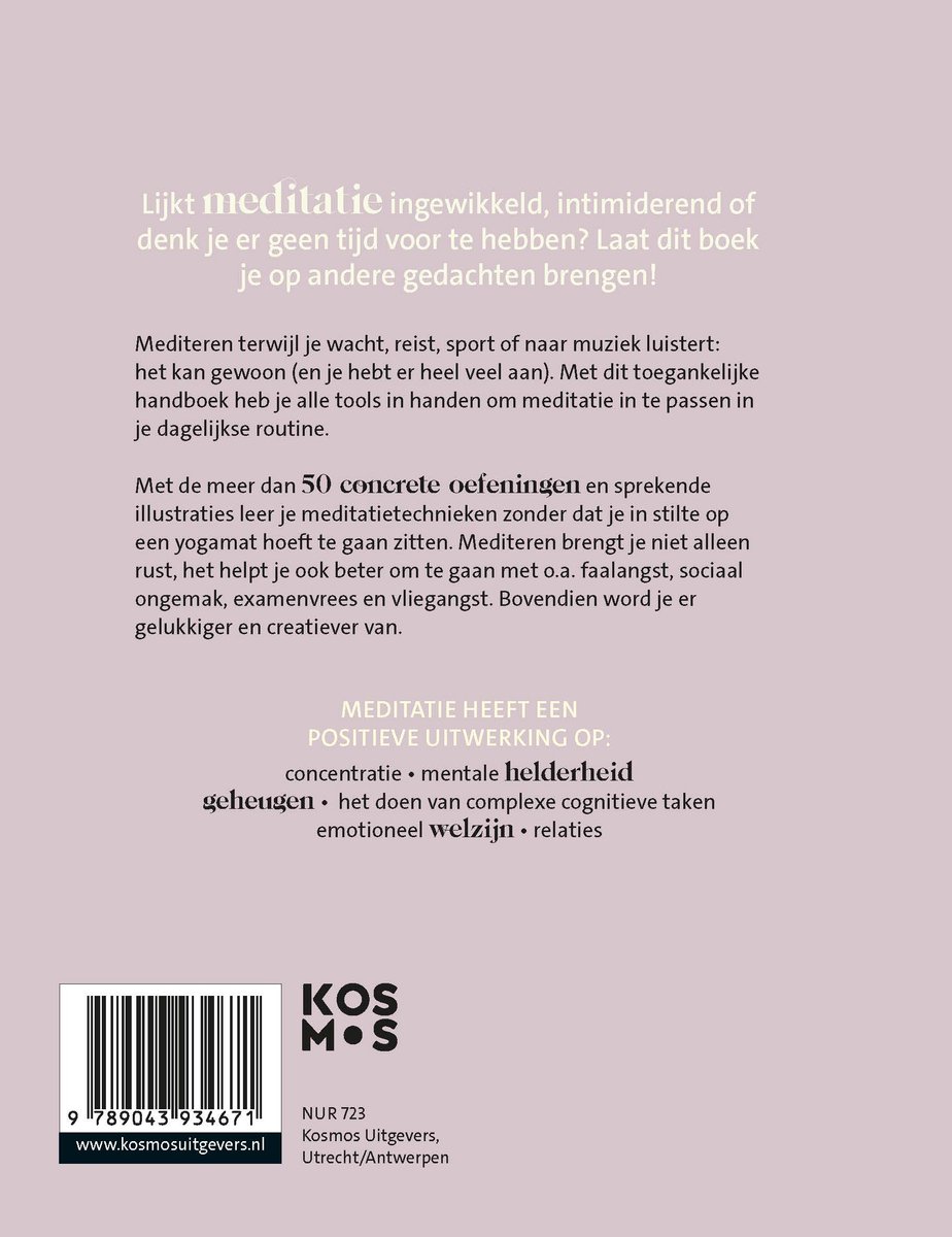 Boek met titel 'Meditatie voor het echte leven'. Achterkant met tekst over meditatie en een barcode.