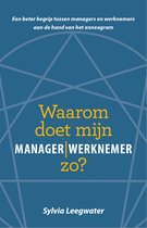Boekomslag met de titel "Waarom doet mijn MANAGER|WERKNEMER zo?" op een blauwe achtergrond met een geometrisch patroon.