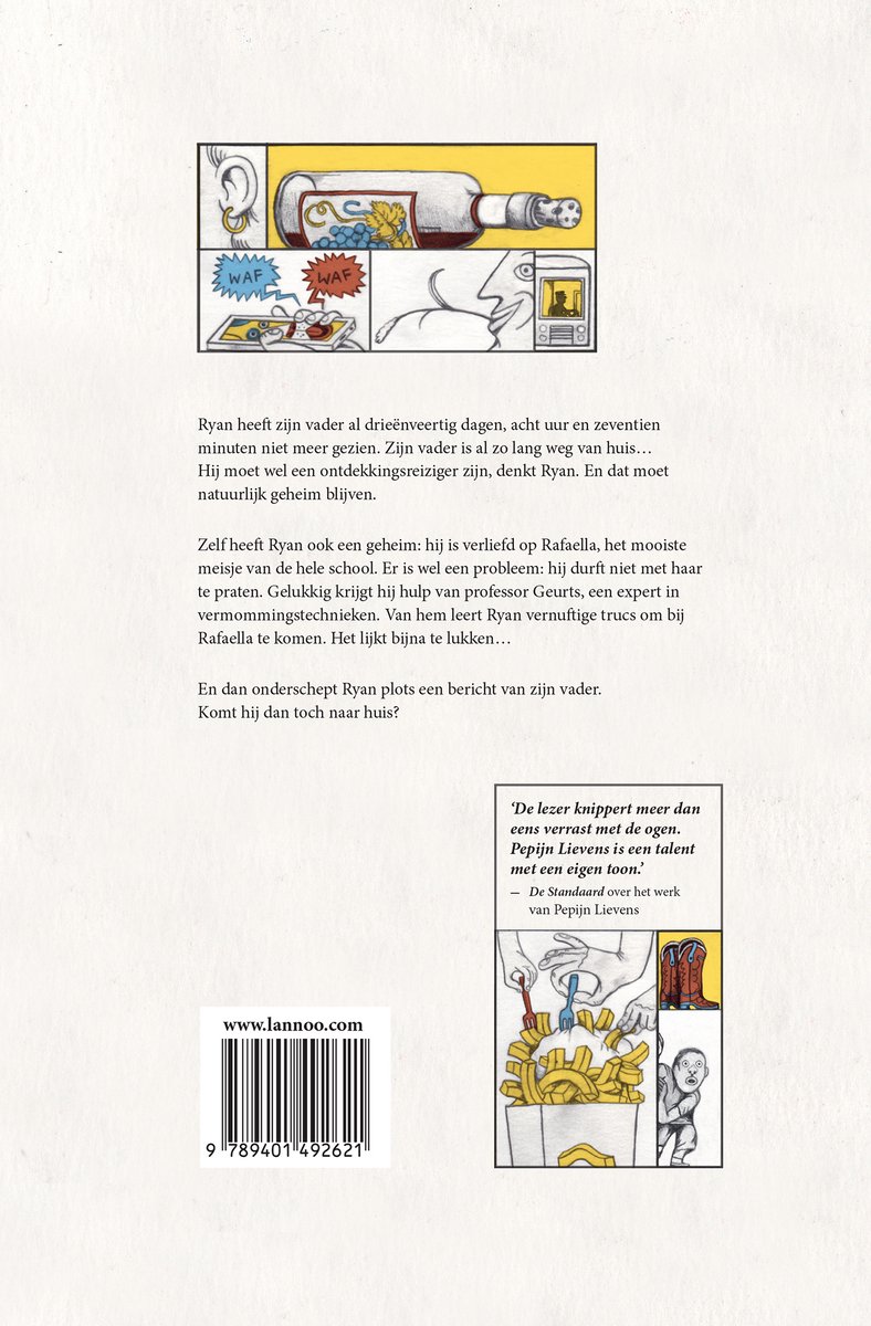 Boekomslag: Illustratie van een jongen met een fles wijn, oortelefoon, en een koffer.