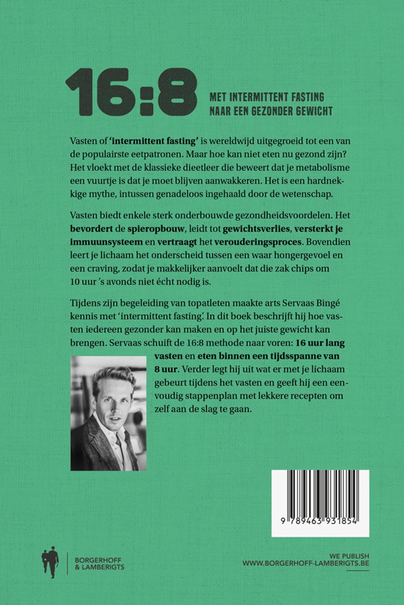 Achterkant boek met de titel '16:8 Met Intermittent Fasting Naar Een Gezonder Gewicht'. Foto van Servaas Bingé.