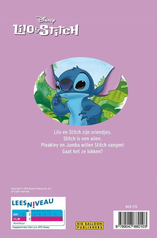 Stitch zit in een jungle-omgeving en pakt een stuk fruit. De tekst luidt 'Lilo en Stitch zijn vriendjes. Stitch is een alien. Pleakley en Jumba willen Stitch vangen! Gaat het ze lukken?'