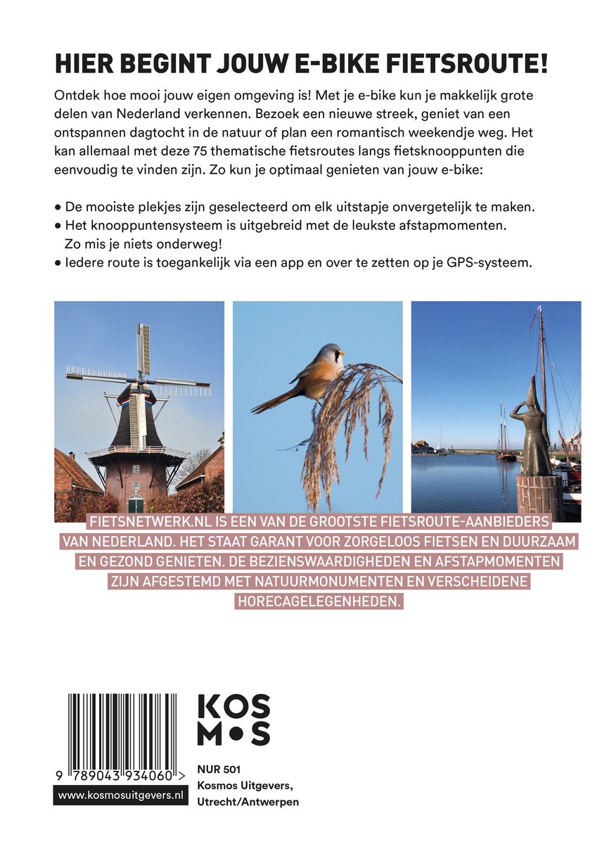 Achterkant van een boek met afbeeldingen van een molen, een vogel op een tak en een boot in een haven, met tekst over fietsroutes.