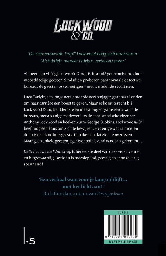 Achterkant van het boek 'Lockwood & Co. 1' met tekst en barcode.