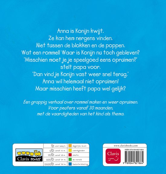 De achterkant van een kinderboek met de titel 'Anna ruimt op' en een lijst met vaardigheden.