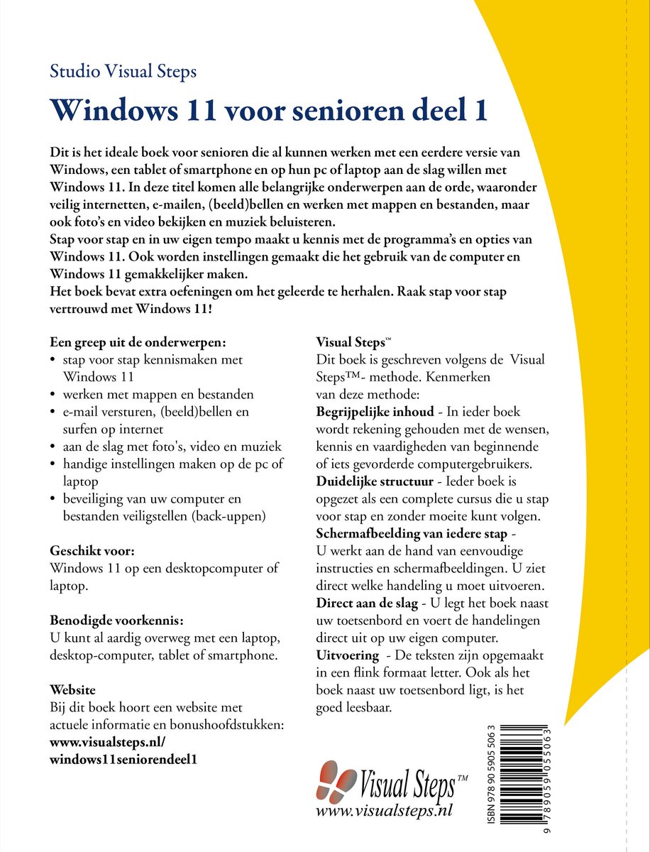 Achterkant van "Windows 11 voor senioren deel 1" met tekst over de inhoud en een streepjescode.