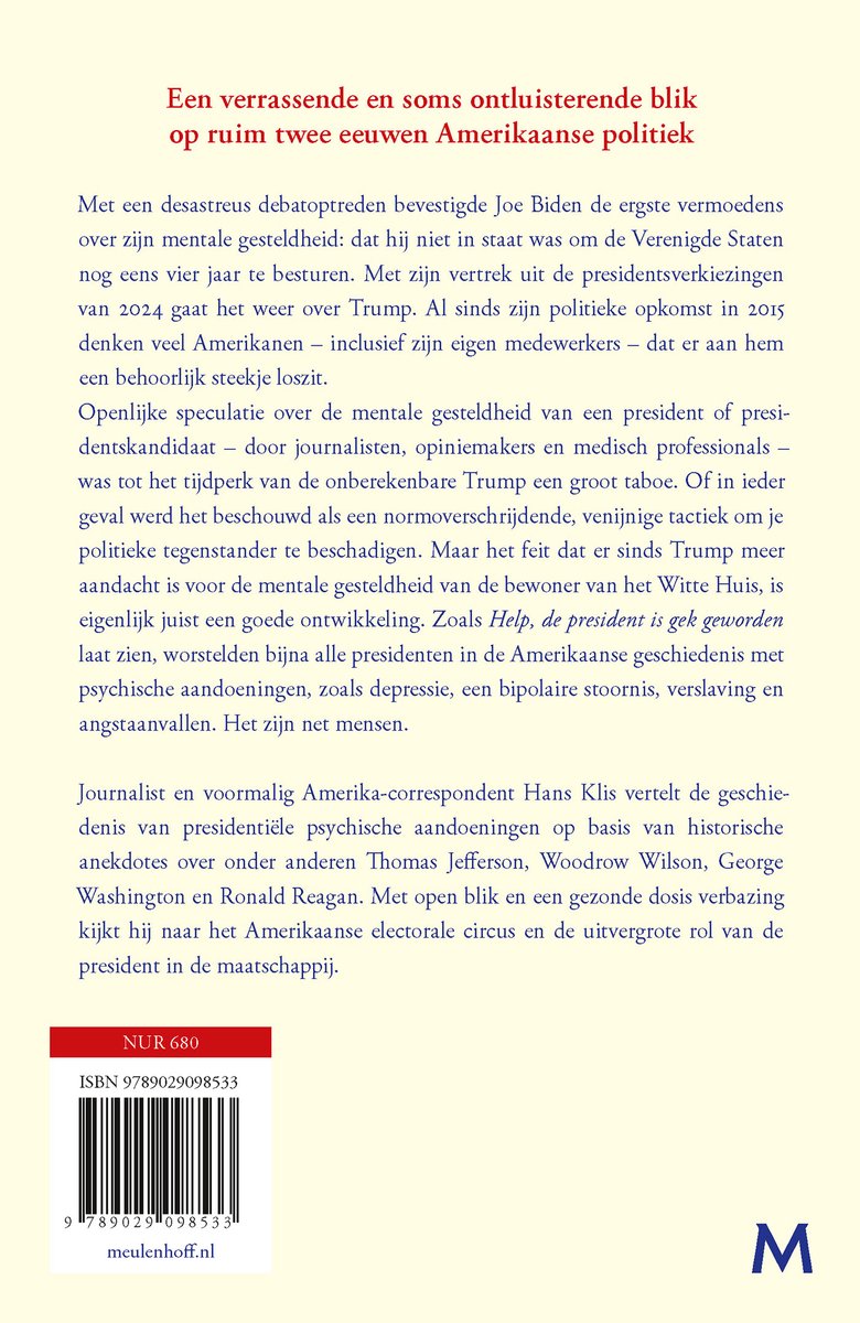 Pagina met tekst over Amerikaanse politiek. Rechtsonder een afbeelding van het logo 'M' en 'Meulenhoff'.