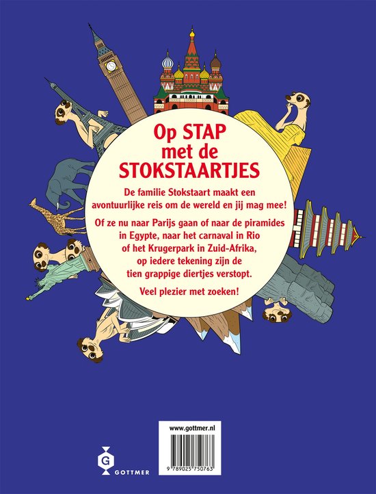 Achterkant boek met stokstaartjes en wereldberoemde monumenten. Tekst: Op stap met de stokstaartjes.