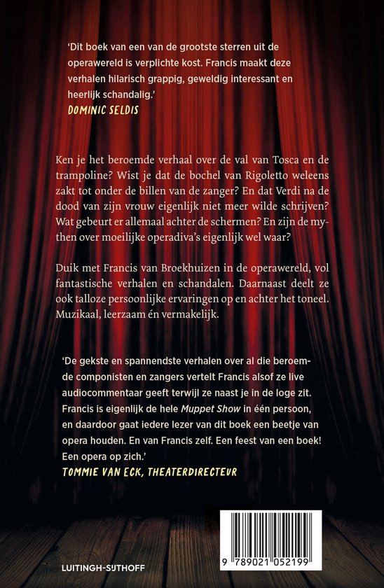 Achterkant boek 'Schandalig mooie opera' met rode gordijnen en tekst. De titel en auteur komen uit de tekst.