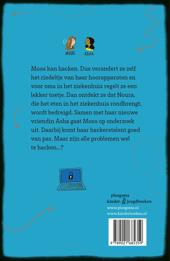 Achterkant van het boek "De superhacker", met illustraties van Moos en Asha en een laptop.