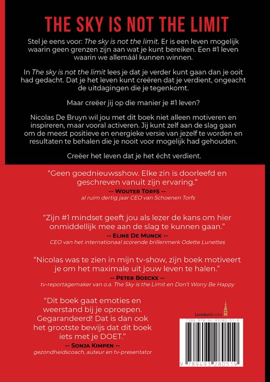Boekomslag met tekst over "The sky is not the limit" door Nicolas De Bruyn, inclusief citaten en een illustratie van de Big Ben.