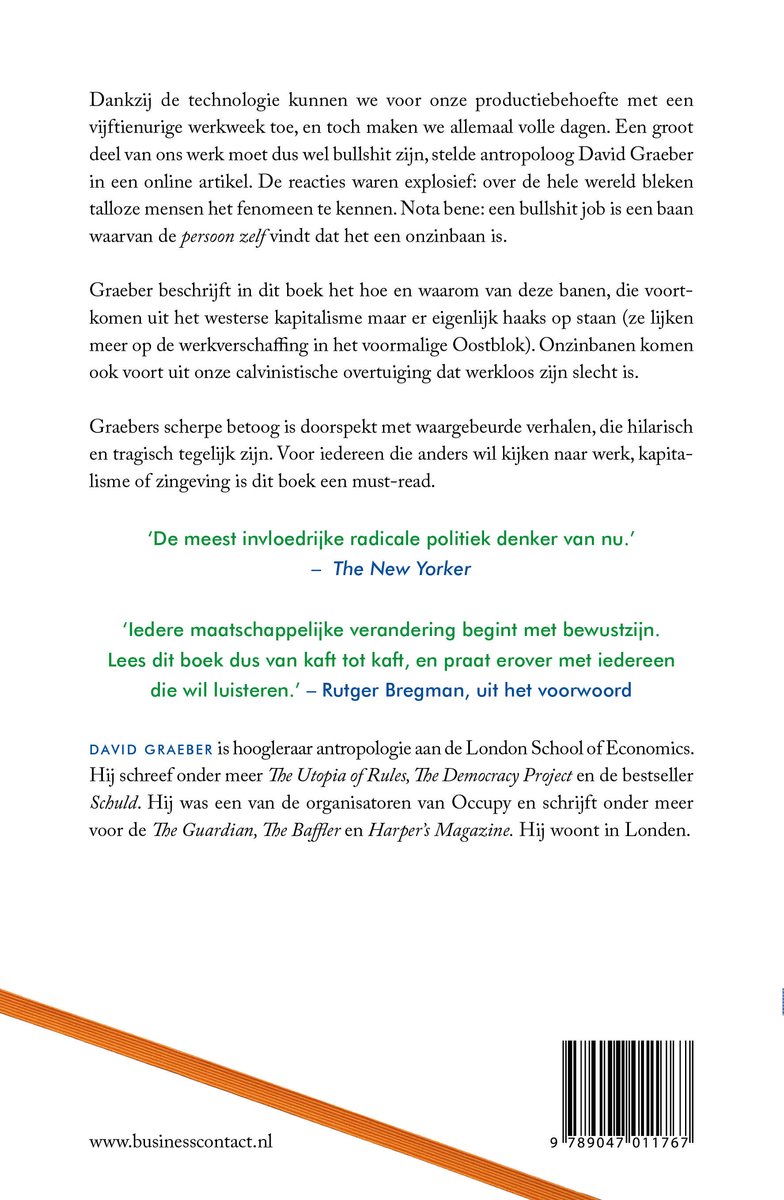 Achterkant van het boek 'Bullshit Jobs' met recensies en auteursinformatie.