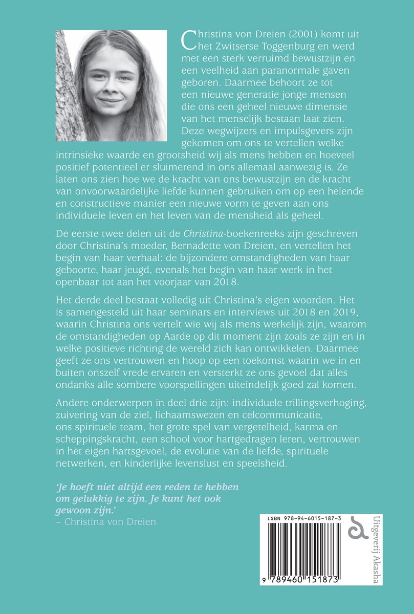 Foto van Christina von Dreien, schrijfster, met lang blond haar, witte top. Tekst: 'Christina von Dreien' en een citaat van haar.