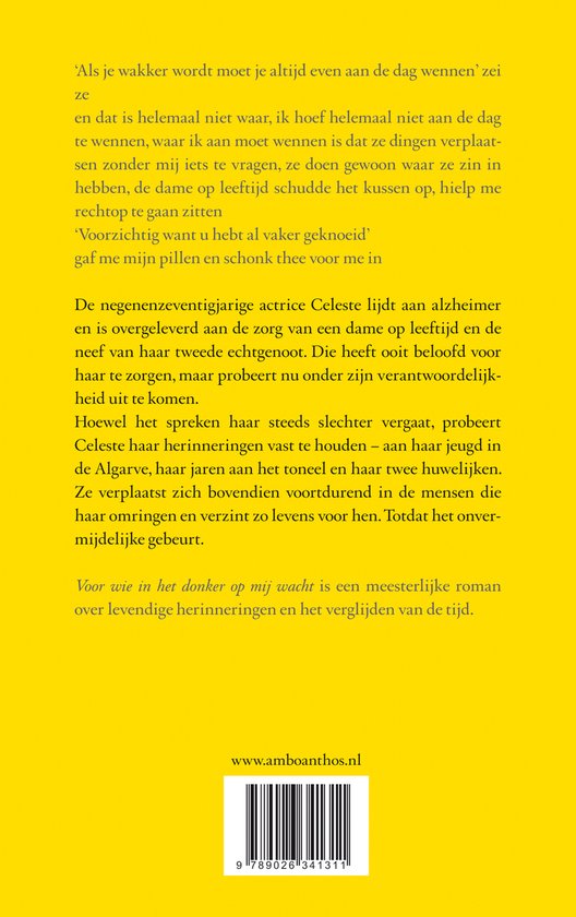 Boek 'Voor wie in het donker op mij wacht'. Tekst achterkant met informatie over het boek.