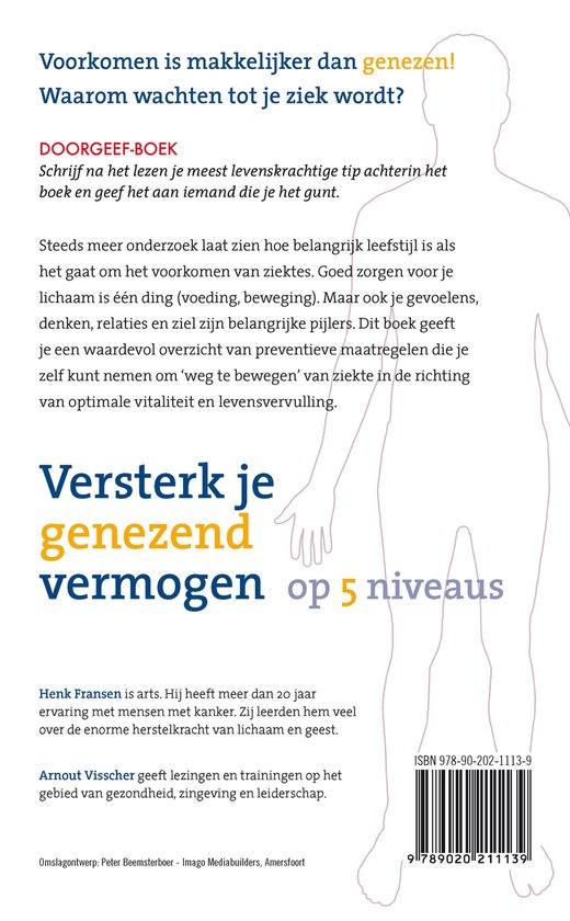 Achterkant boek: Silhouet van een man met de tekst "Versterk je genezend vermogen op 5 niveaus". ISBN nummer.
