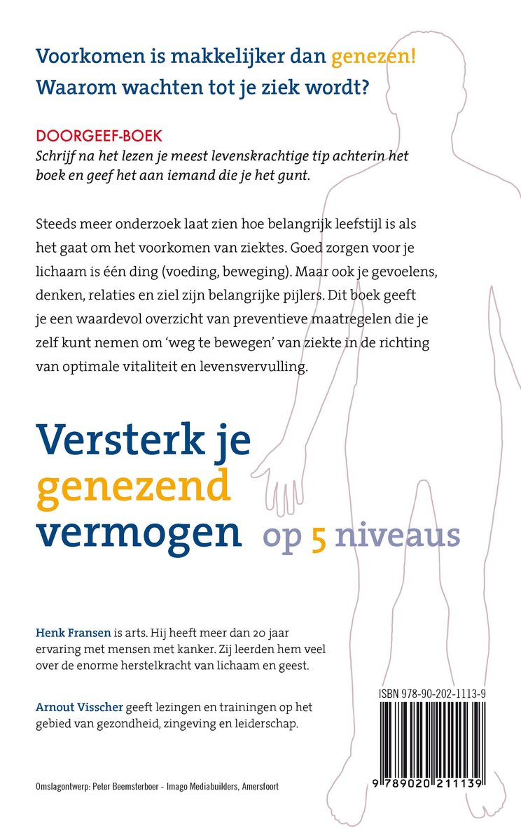 Achterkant boek: Silhouet van een man met de tekst "Versterk je genezend vermogen op 5 niveaus". ISBN nummer.