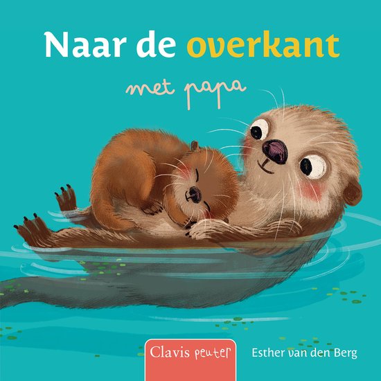 Een illustratie van een otter, "papa", die een kleine otter, "kleintje", vasthoudt terwijl ze in het water drijven. Titel: Naar de overkant met papa.