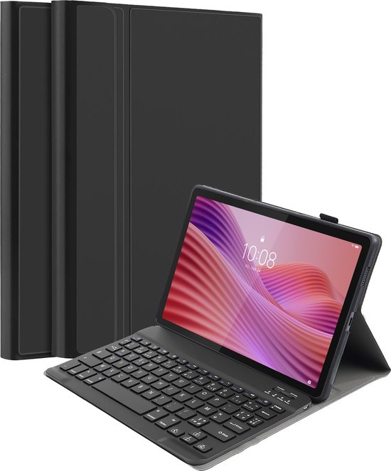 Zwarte tablet hoes met AZERTY toetsenbord, in de hoek gezet met een tablet met een klok van 10:08.