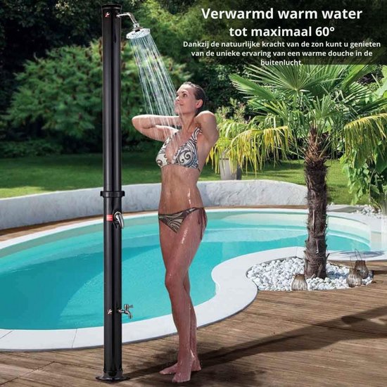 BAKAJI Douche op zonne-energie voor tuin, zwembad, outdoor, camping, watertank 20 l, met verstelbare douchekop, voor warm water, aansluiting voor de tuin, afmetingen 214 x 11,5 x 11,5 x 11,5 cm