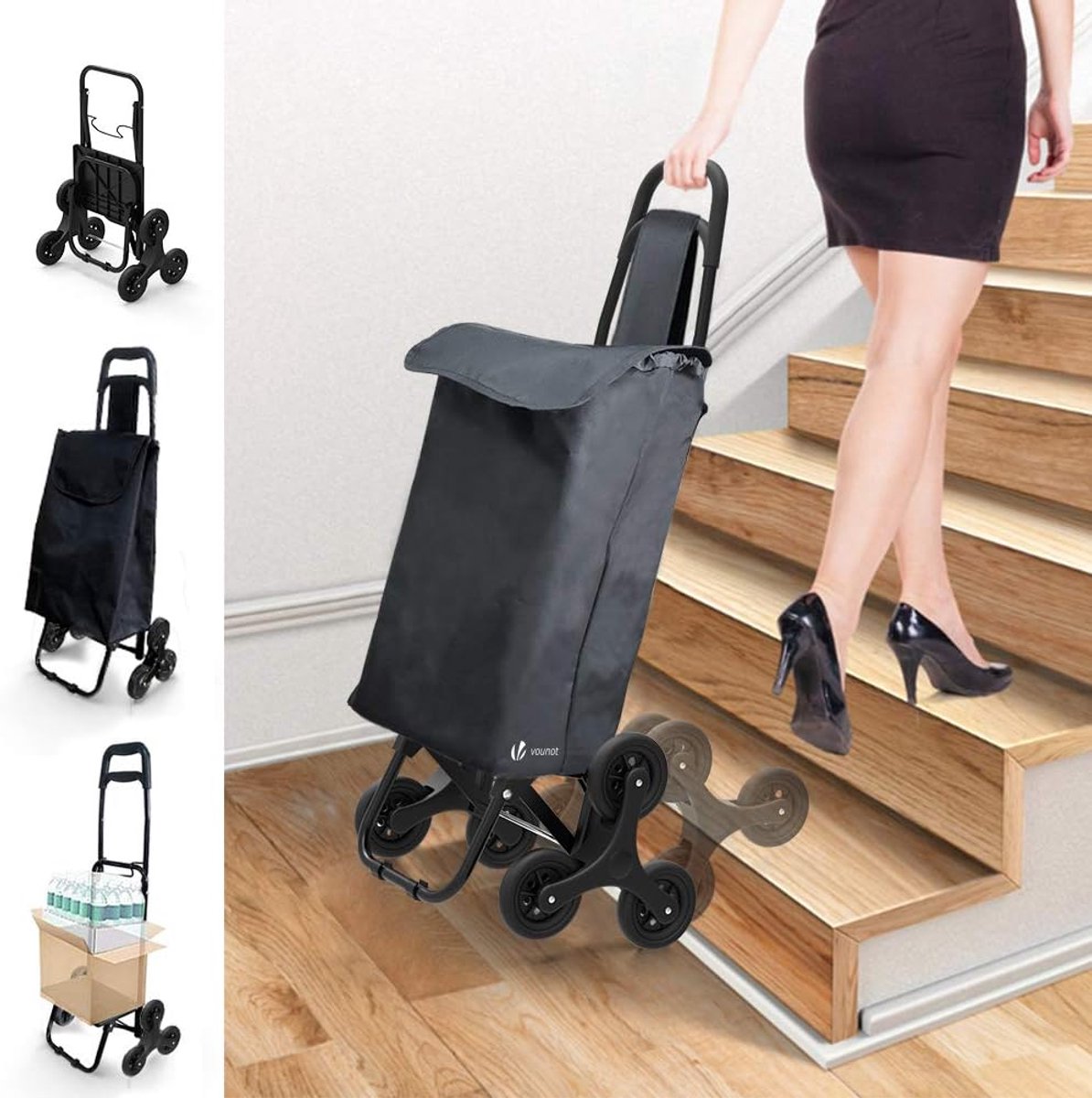 Inklapbare Boodschappentrolley met 6 Wielen - Boodschappenwagen voor Trappen 30L Zwart