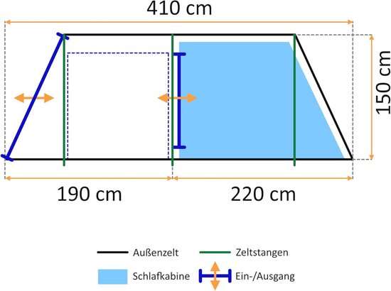 Grote tunneltent voor 4 personen met 2 ingangen en luifel, waterdicht, ideale familietent voor kamperen van Merkloos — afbeelding 4