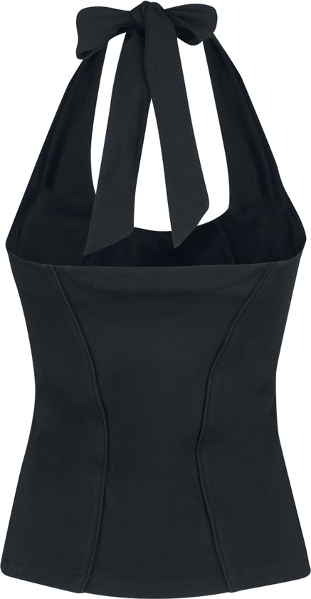 Zwarte haltertop met gesleufde voorkant en strikdetails in de nek.