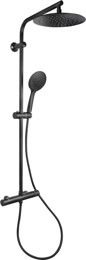 Ensemble de douche complet noir mat avec robinet thermostatique, grande pomme de douche pluie et douchette réglable.