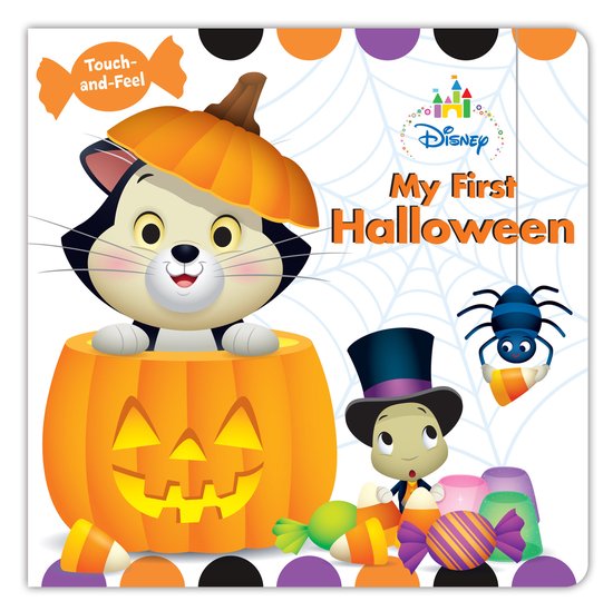 Disney Baby 'Mijn Eerste Halloween' boek met katje in pompoen, spin en snoepjes.