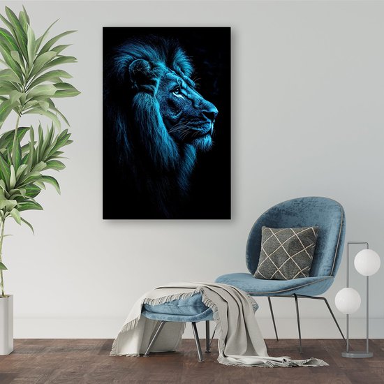 Blauwe leeuw in profiel - Leeuw portret - Wandkunst dieren - Digital Art - Schilderijen op canvas industrieel - Kunstwerken schilderij - canvas 40x60 cm