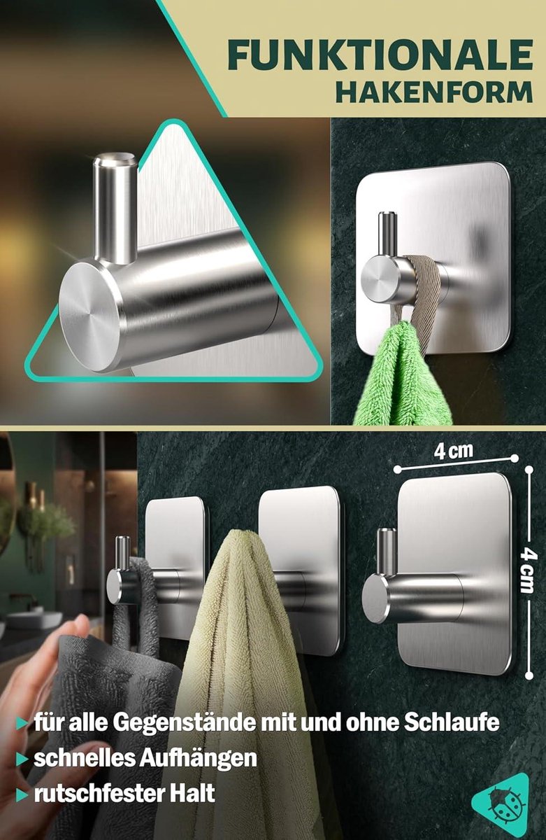WEISSENSTEIN Handdoekstang, klein, roestvrij staal, zonder boren, 22 cm, zelfklevend, voor badkamer en keuken, zwart
