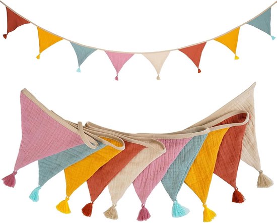 2.8 Meter Slinger Feest Wimpelketting Voor De Kinderkamer, Mousseline, Katoenen Stof, Vlaggetjesslinger, Slinger Om Op Te Hangen, Voor Kinderkamer, Voor Meisjes En Jongens Wimpel Ketting Kinderkamer